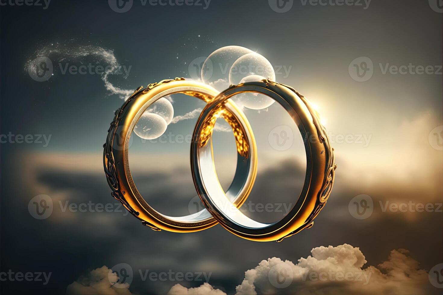 A pair of gold wedding rings floating in the sky. two wedding rings floating in the clouds with a sun in the background and a blue sky with clouds below them. . Wedding concept. photo