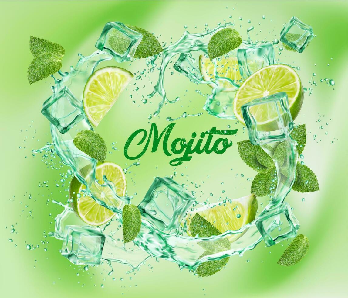 Mojito cocktail, lemonade drink, water wave splash vector