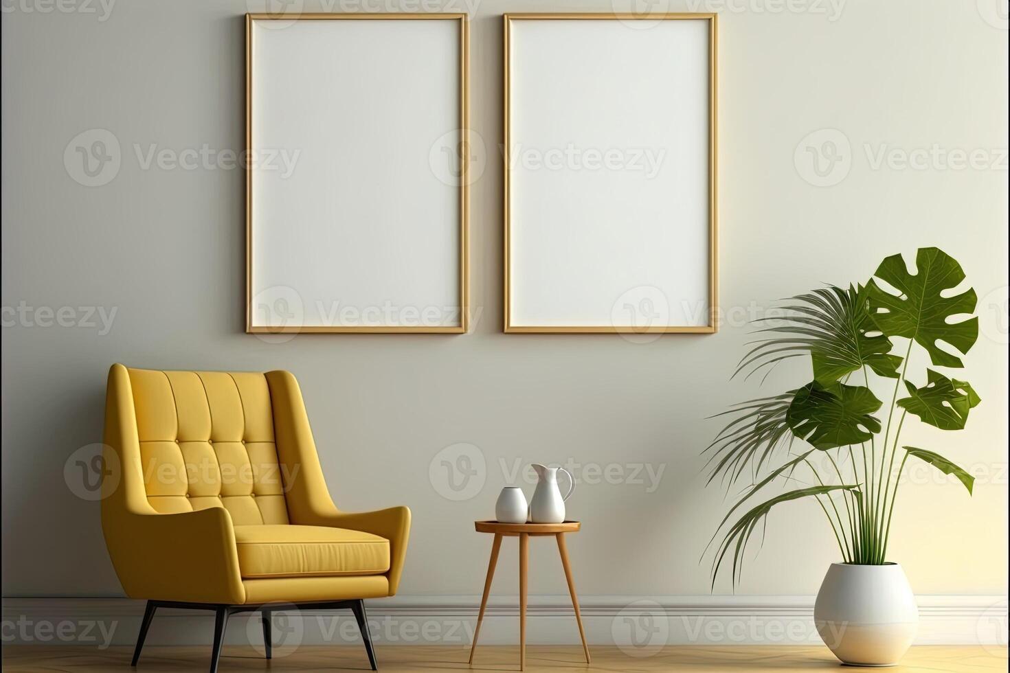 Two Vertical Blank Picture Frame Mockup on The Wall, Mid Century Living Room - . Blank picture frame mockup on wall in modern interior. Artwork template mock up in interior design. photo