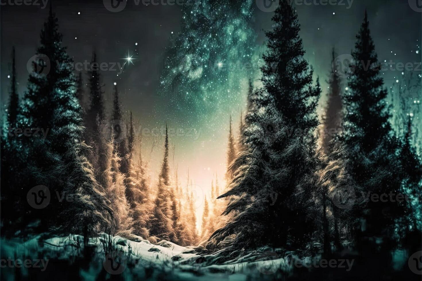 christmas decorated green spruce trees in winter forest, Abstract fantasy festive christmas tree background header wallpaper, winter abstract landscape. Sunlight in the winter forest. photo