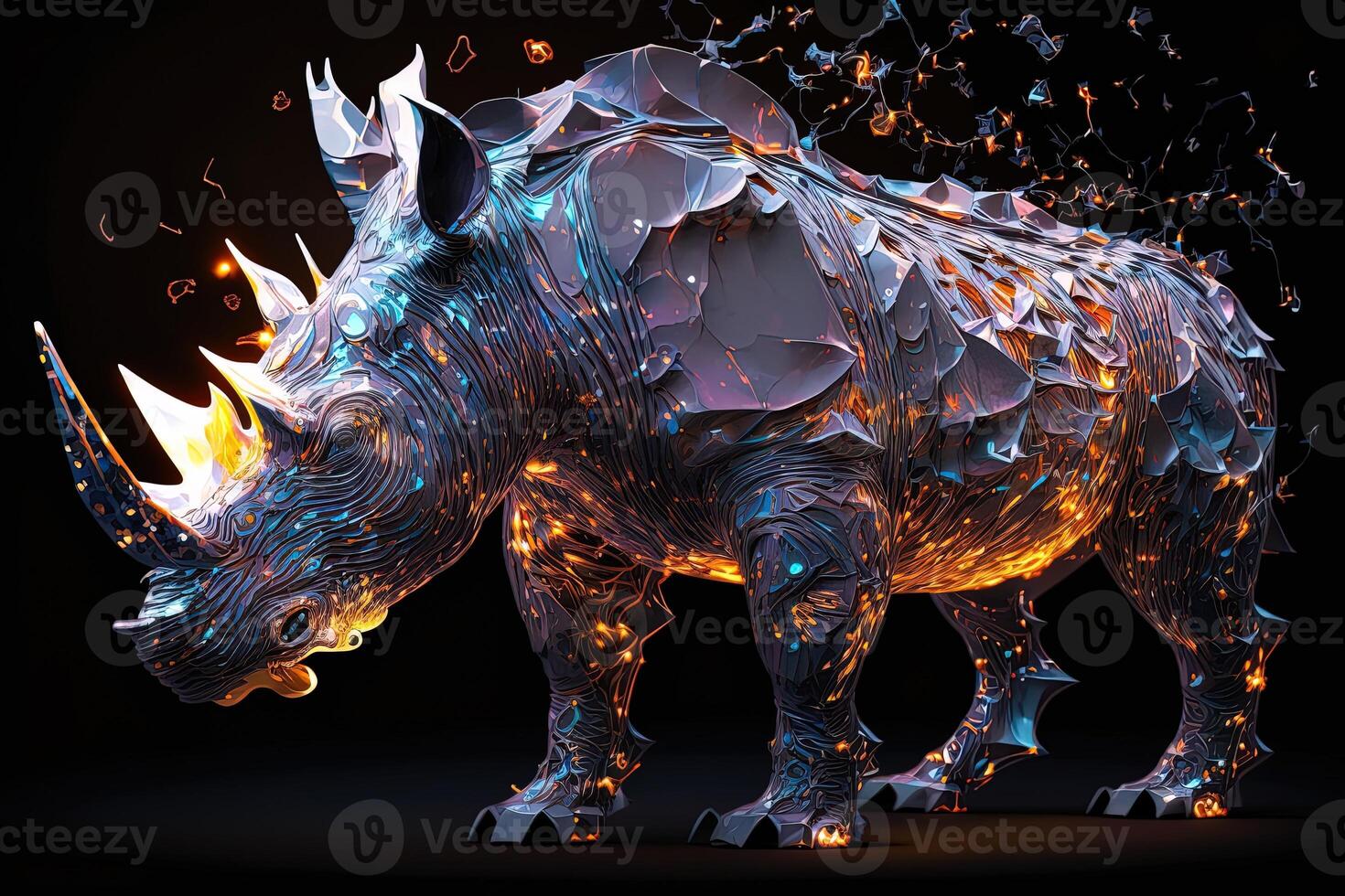 fusion of metal Rhino exploding through fire surrounded by scattered glass shards and debris, cosmic energy photo