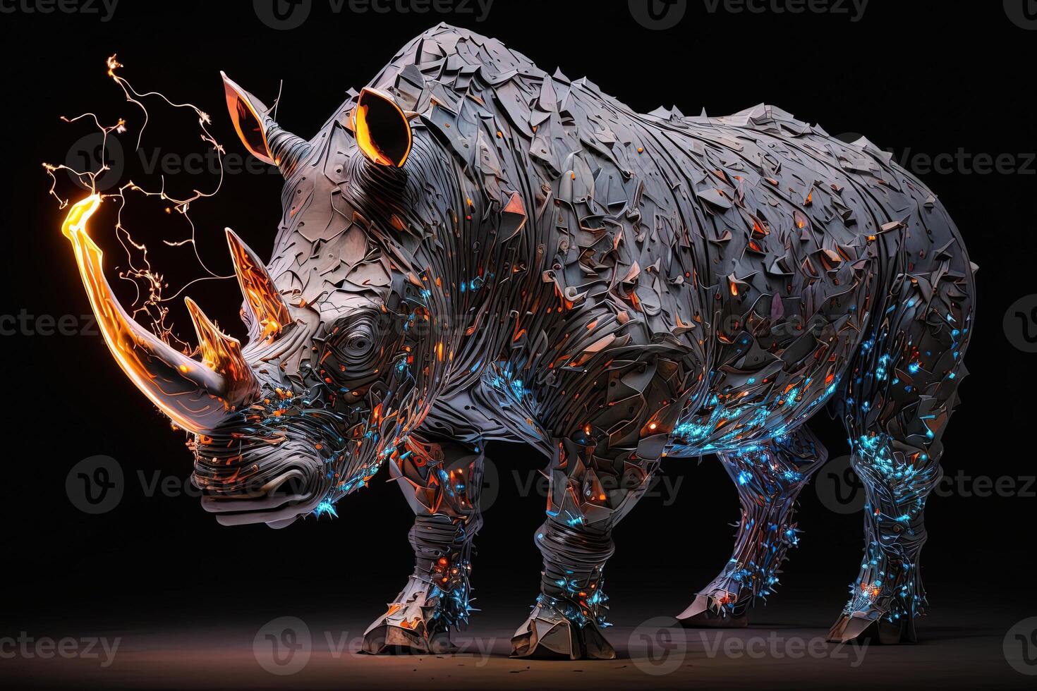 fusion of metal Rhino exploding through fire surrounded by scattered glass shards and debris, cosmic energy photo