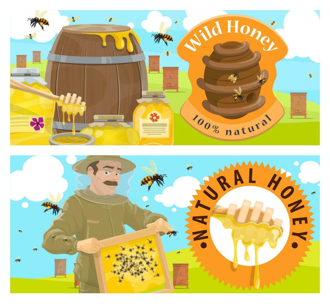 Beekeeping farm, honey vector banner