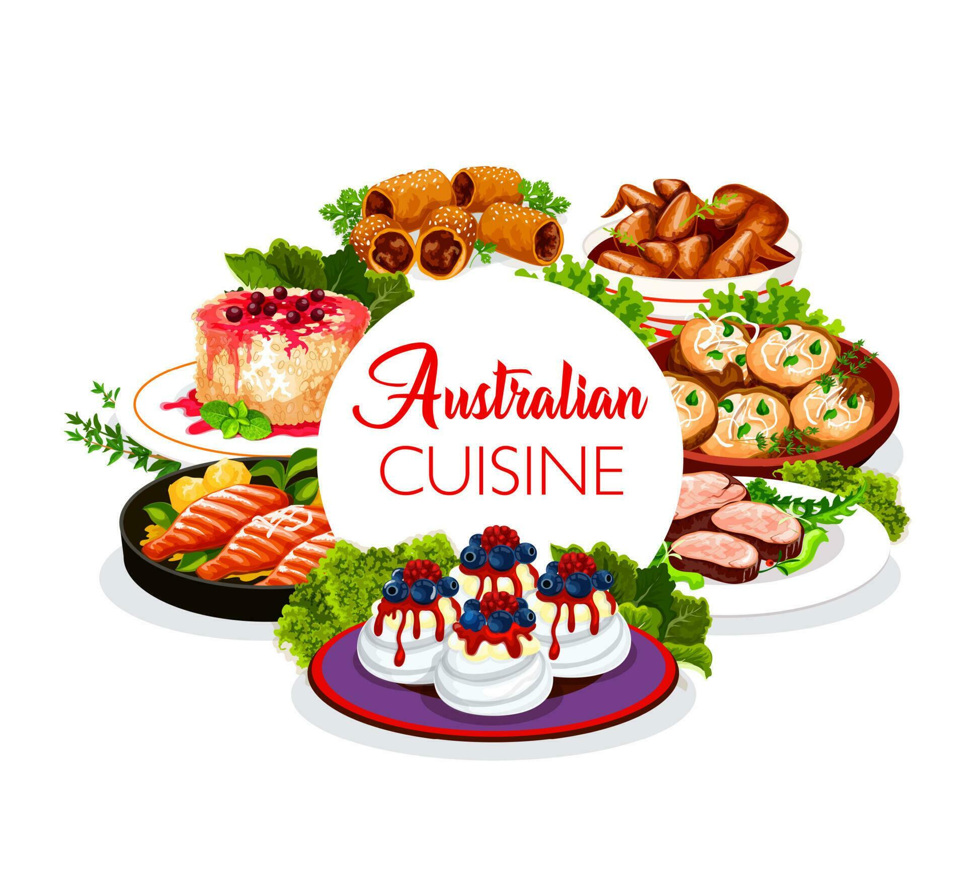 Australian cuisine food dishes, traditional meals 23486906 Vector Art