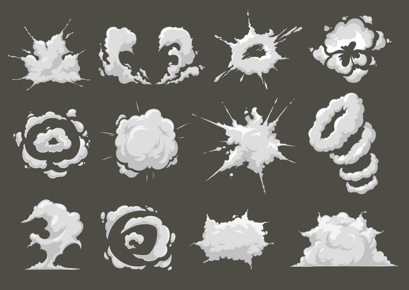 Explosion blast, burst cloud cartoon vector icons