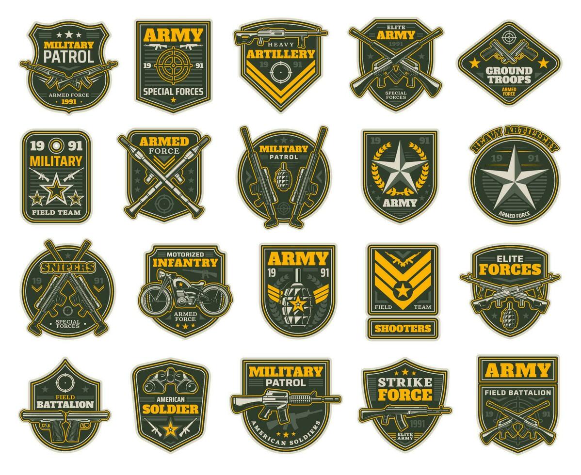 Insignias Del Ejército. Parches Militares De Estados Unidos Y Etiquetas  Aerotransportadas. Galones De Soldado Americano Con Tipografía Y Conjunto  De Vectores De Estrellas. Ilustración De Escudo Y Emblema Armado, Ejército  Y Parche