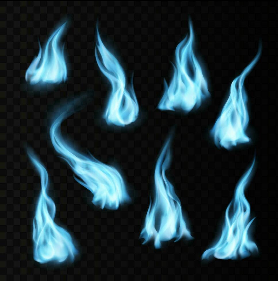 Gas realistic blue fire flames and trails, tongues vector