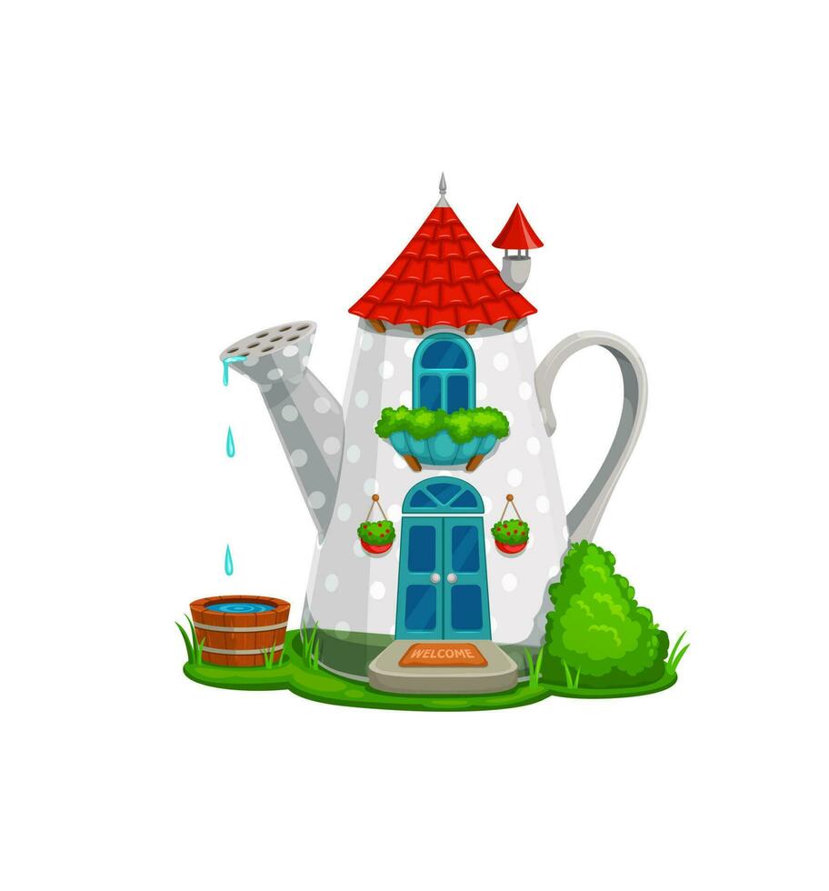 Cartoon fairytale watering can, elf house building vector