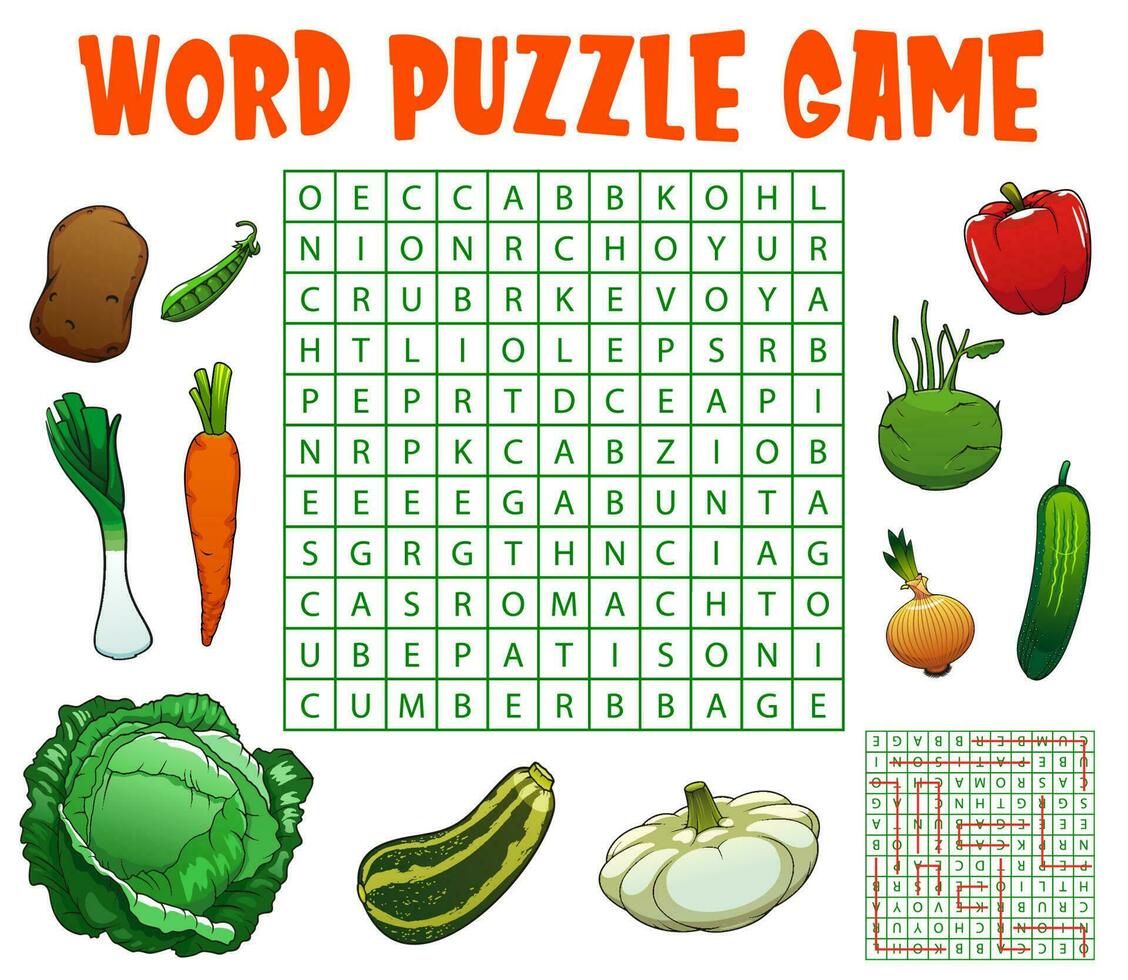 Raw farm vegetables word search puzzle game vector