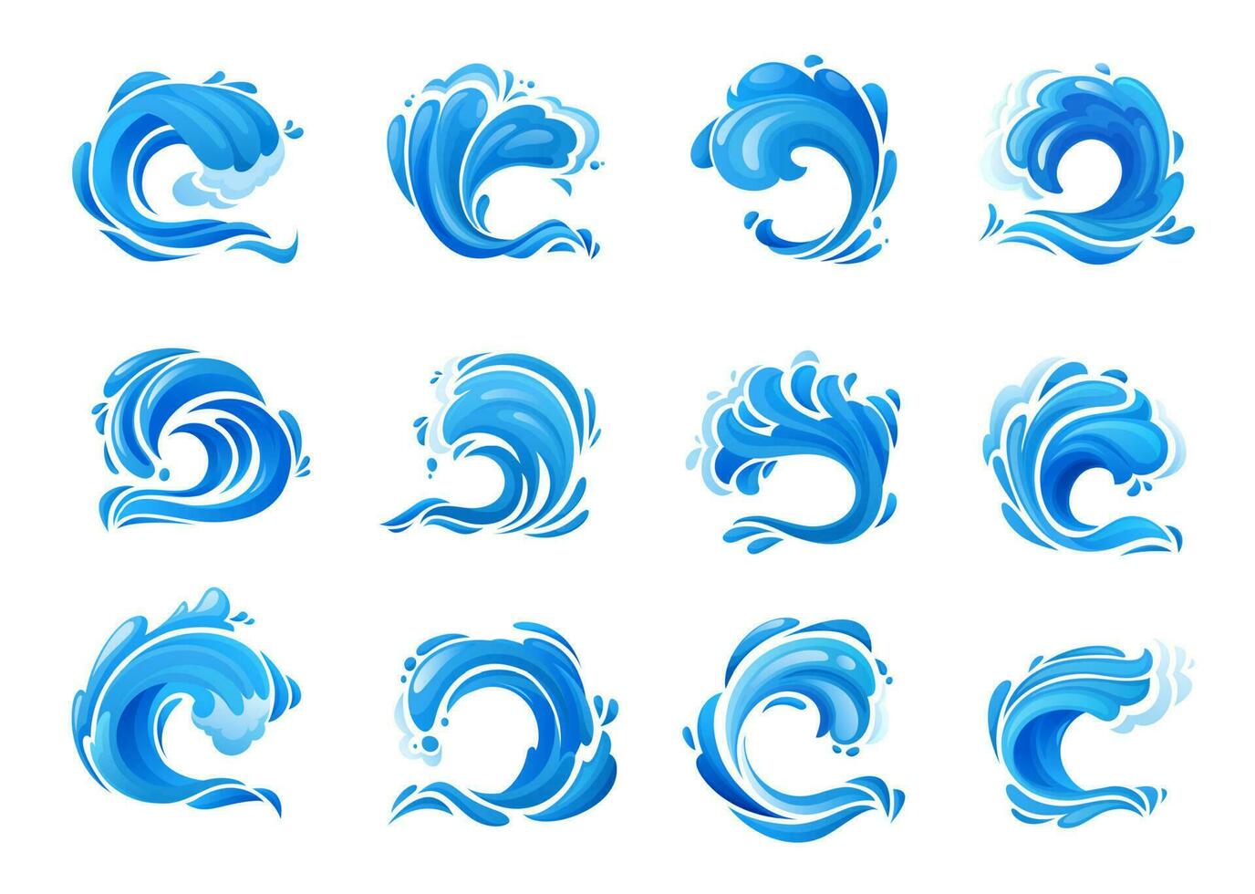 Tsunami ocean wave, sea storm and surf icons vector