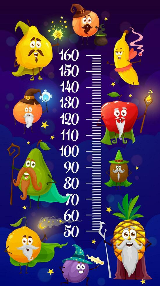 Kids height chart cartoon fruit magicians, wizards vector