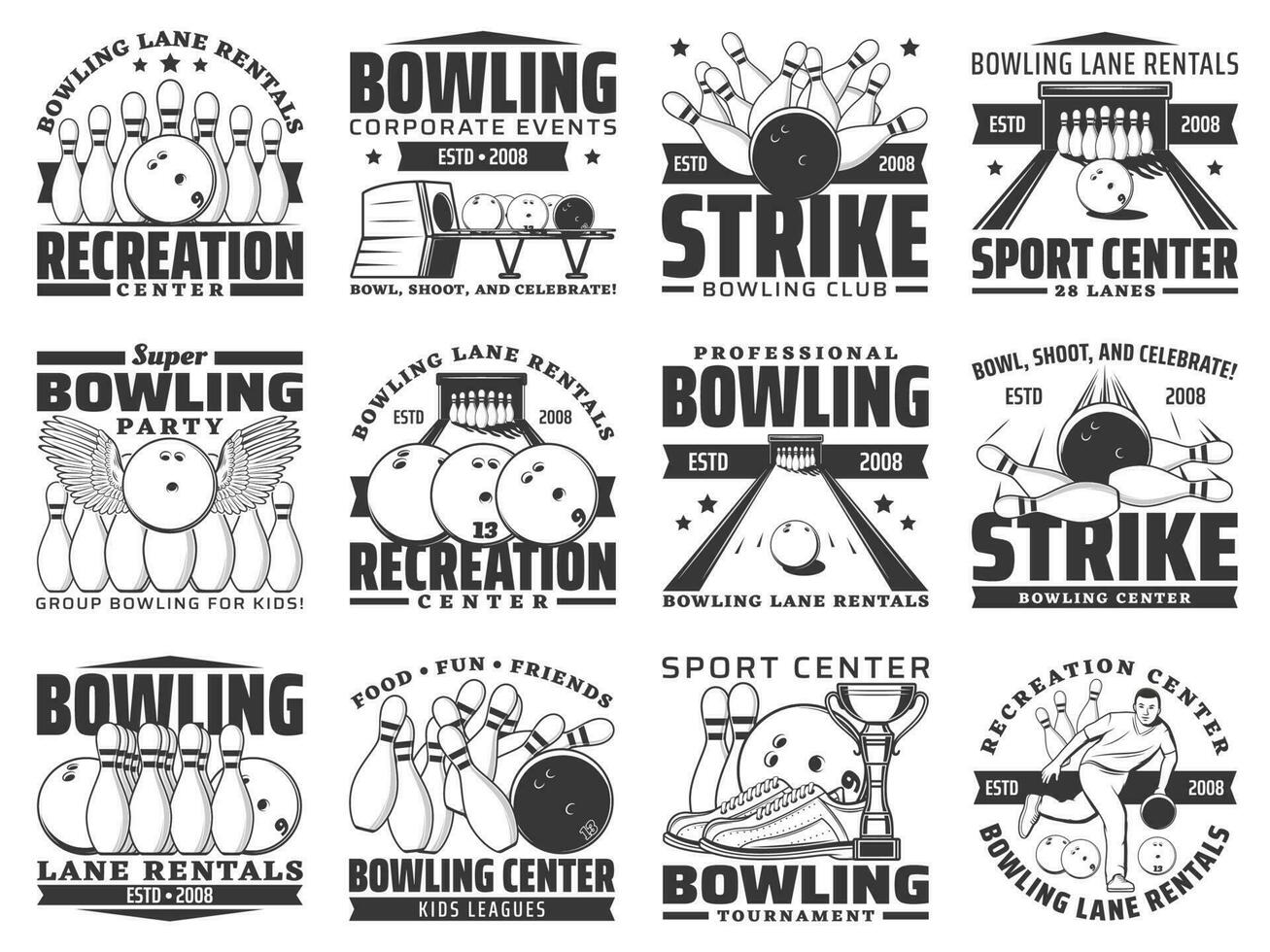 Bowling club, sport recreation game center icons vector