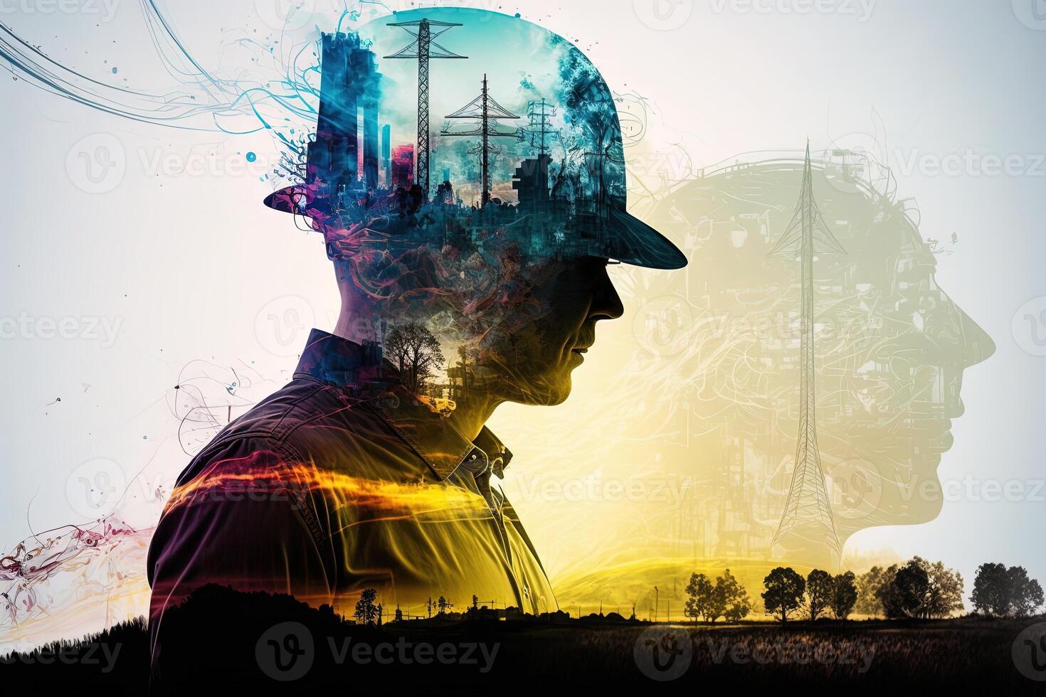 Conceptual graphic design of an energy sector and future manufacturing. With double exposure artwork, an oil, gas, and petrochemical refinery facility demonstrates the future of power. photo