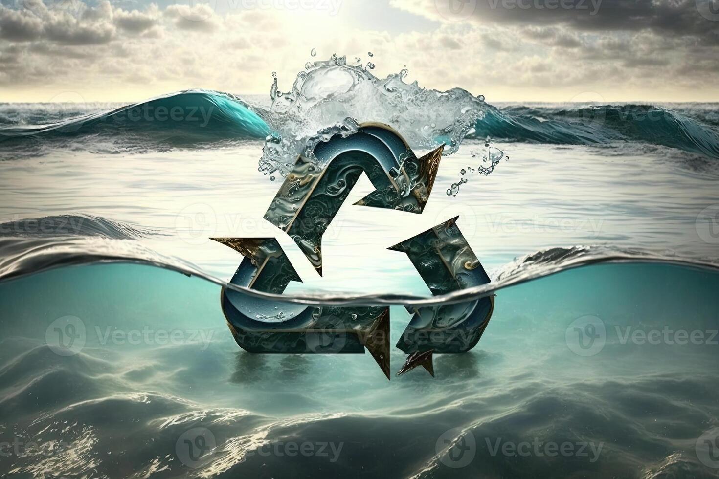 Recycle symbol in the ocean. Green energy concept, no more trash and plastic in sea. Save the ocean from garbage. Protecting the oceans and seas. Eco power photo