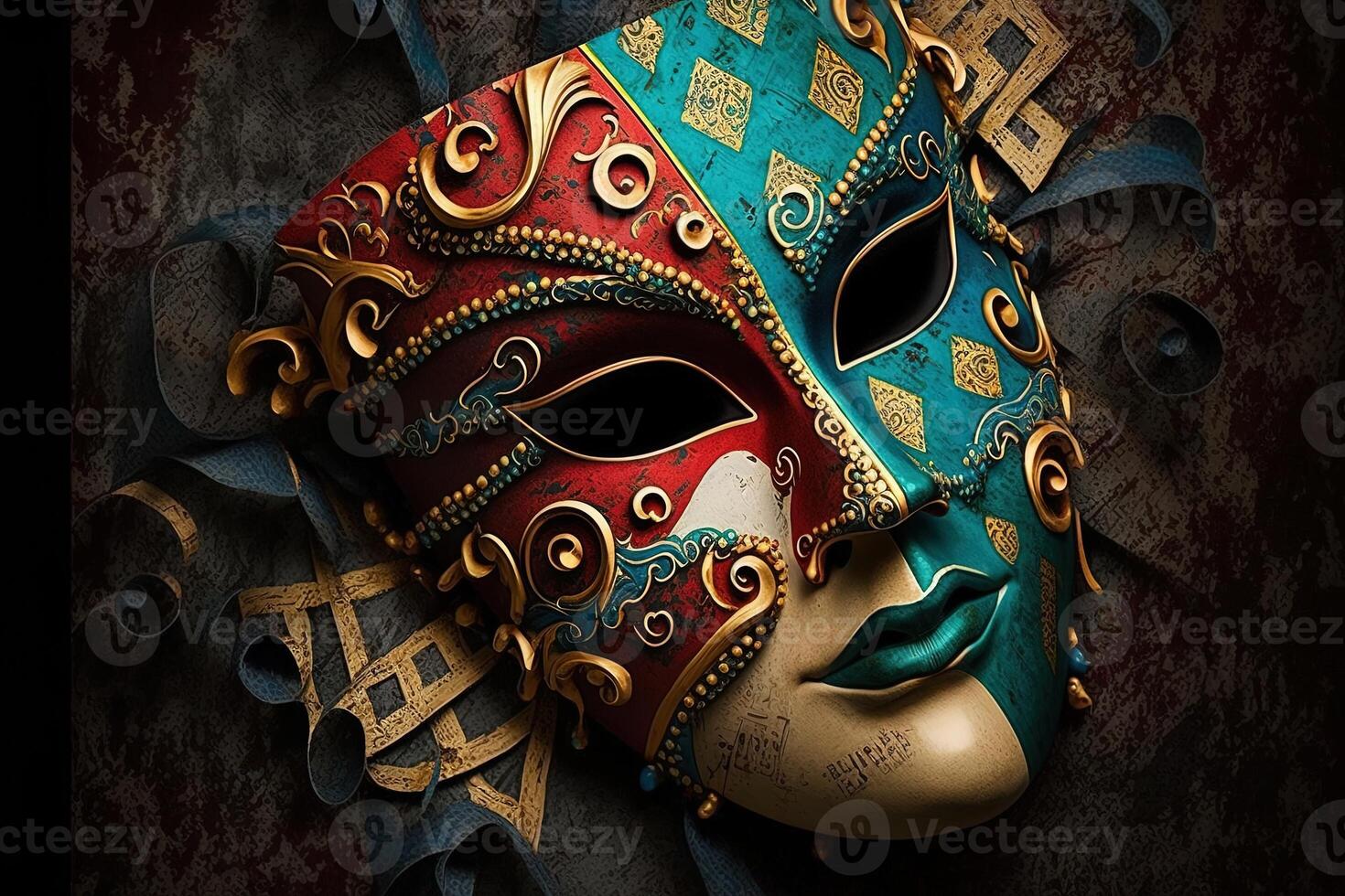 Illustration, multicolored carnival mask party inspired in ancient venetian dominos photo