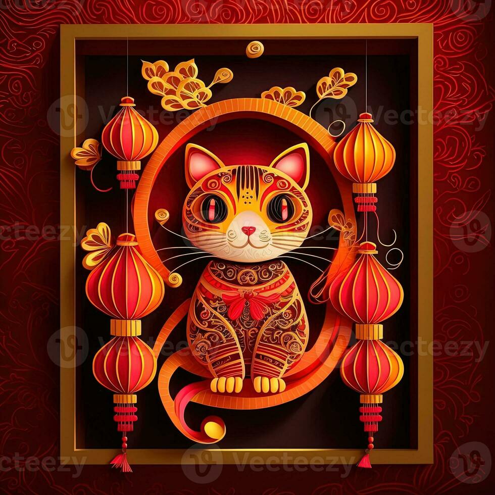 Paper cut quilling multidimensional chinese style cute zodiac cat with lanterns, blossom peach flower in background, chinese new year. Lunar new year 2023 concept photo