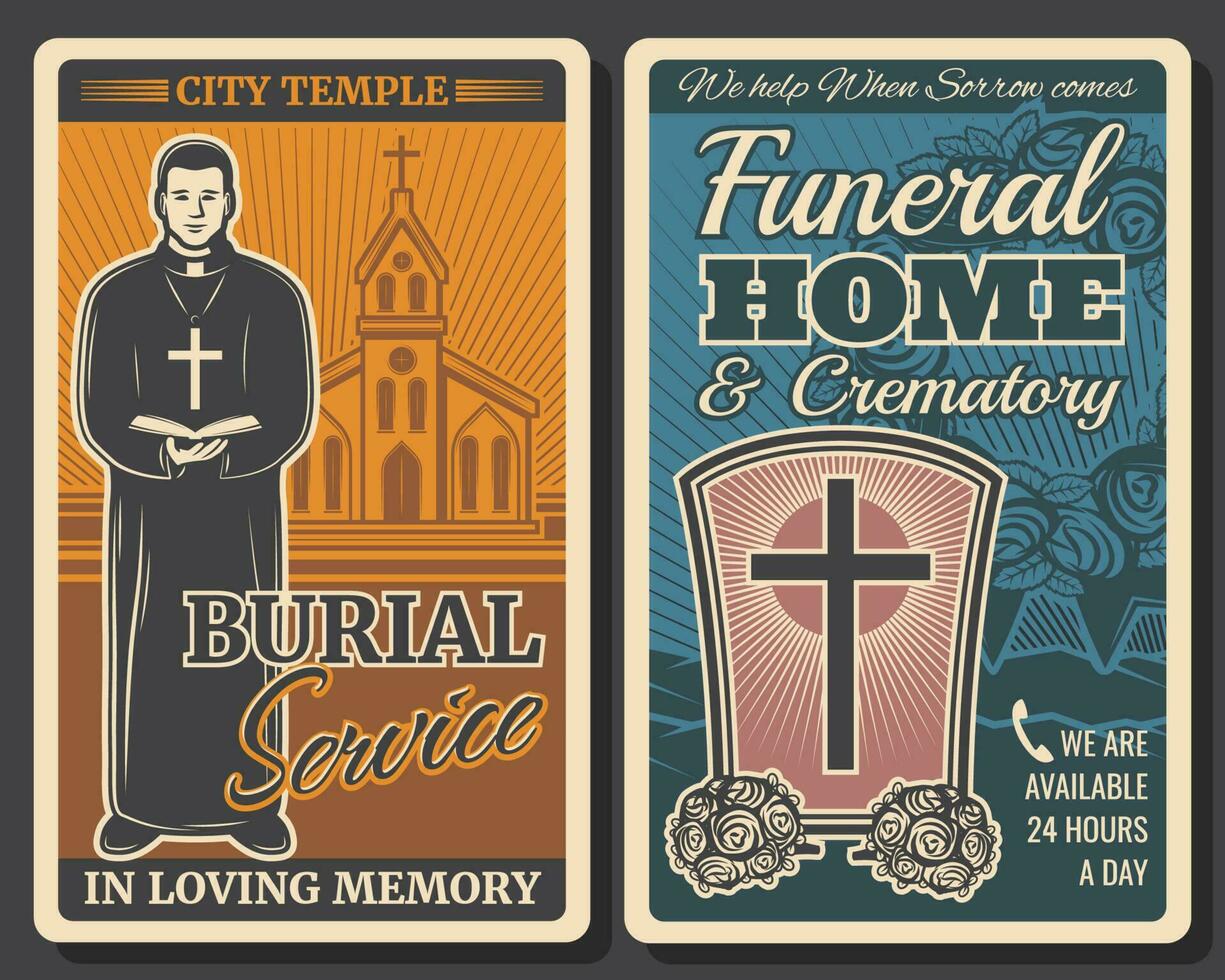 Funeral or burial service retro posters vector