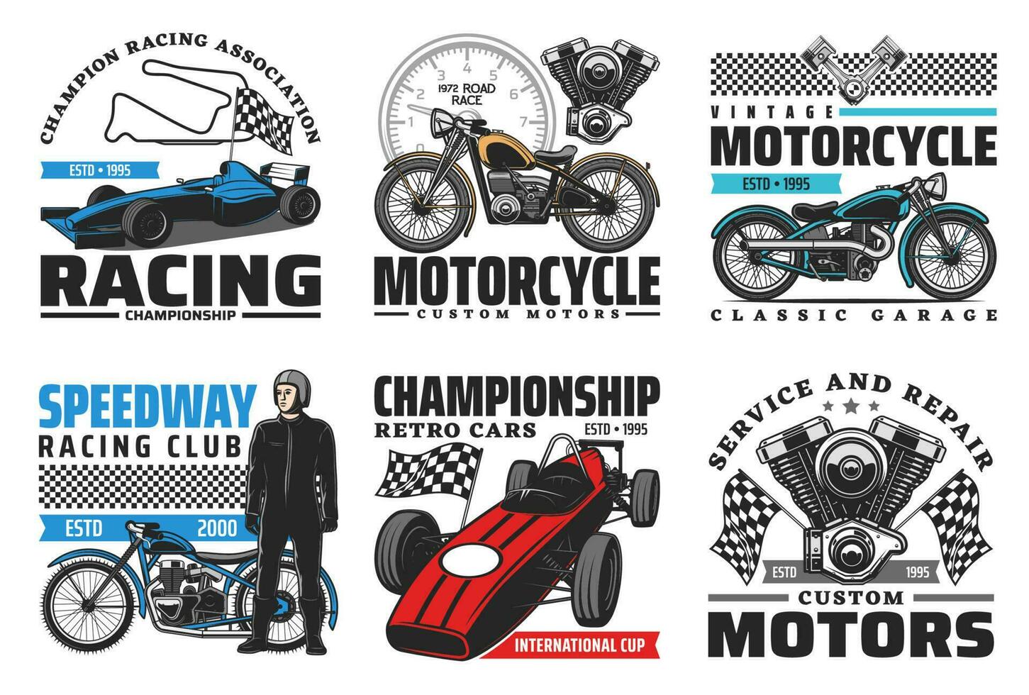 Speedway motorcycle bike races, retro cars racing vector