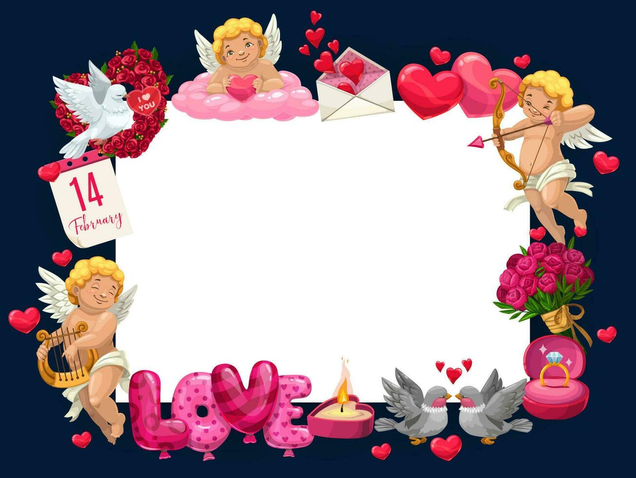 Happy Valentines day, love hearts and cupids frame vector