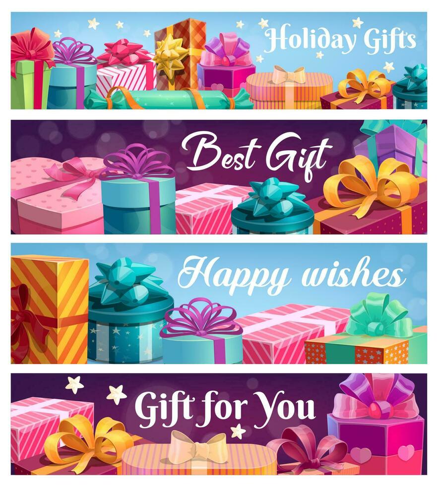 Festive presents, vector gift boxes with ribbons