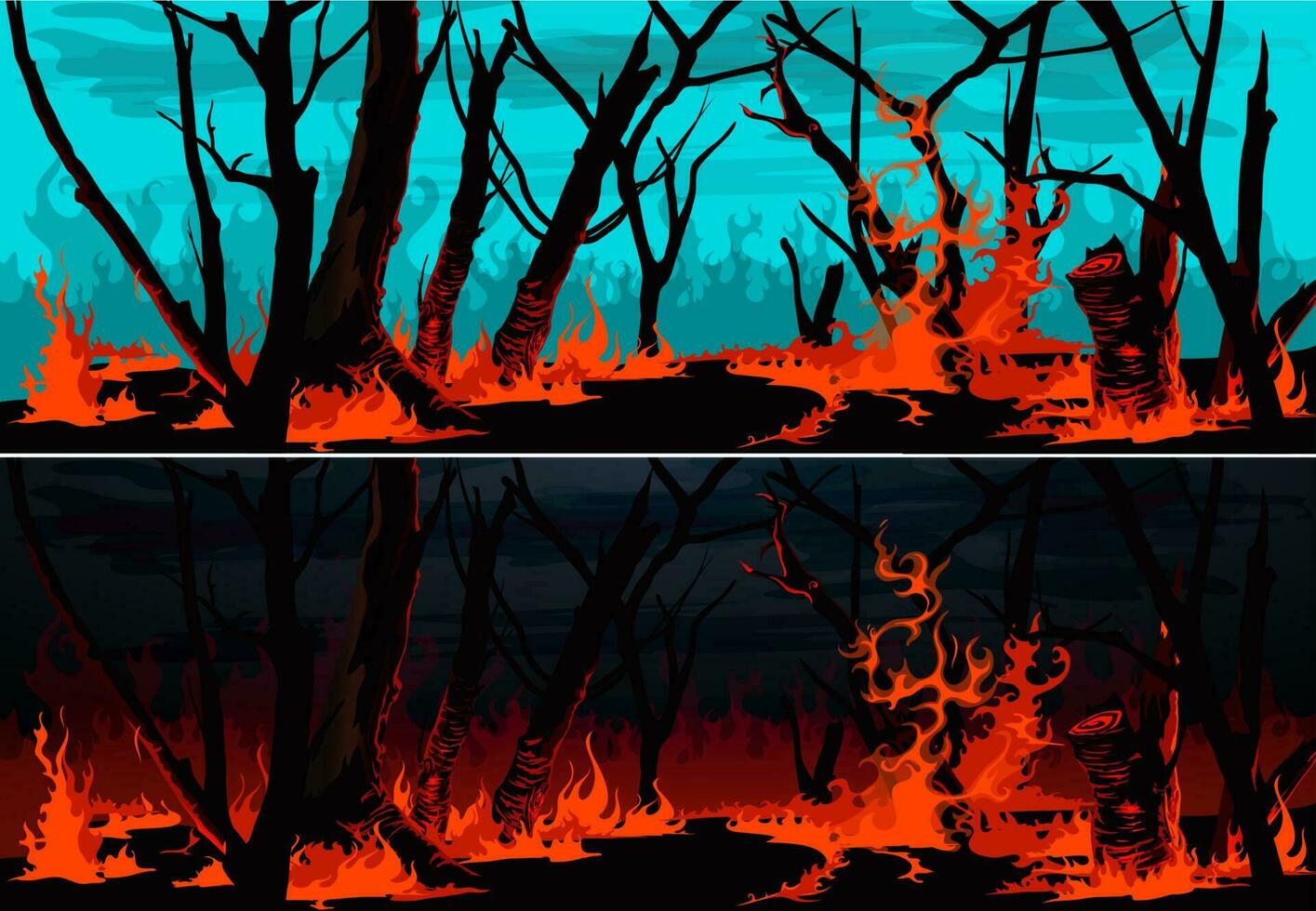 bosque fuego con ardiente césped y arboles vector