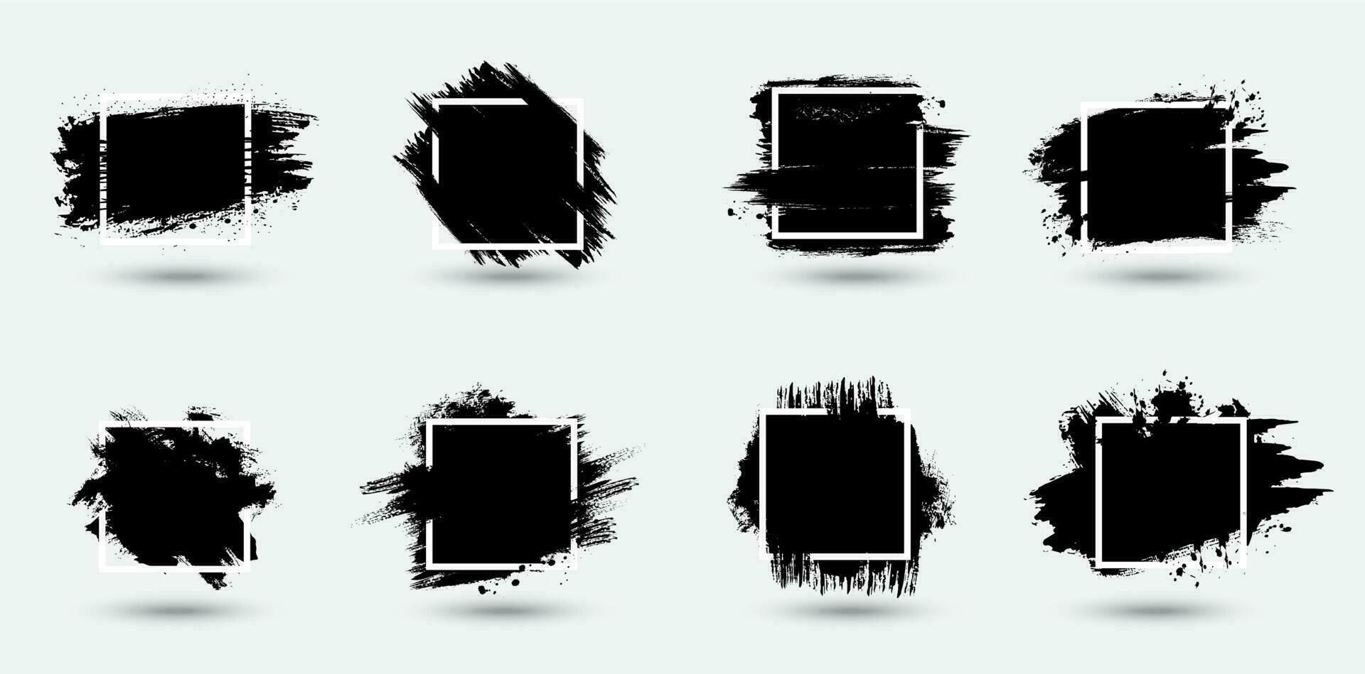 Grunge frames, black paint brushstrokes background vector