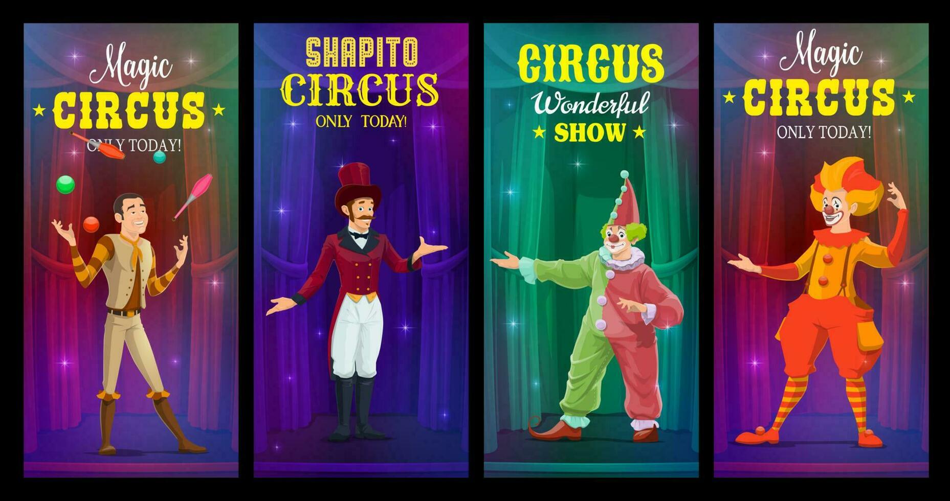 shapito circo payasos, malabarista o mago pancartas vector