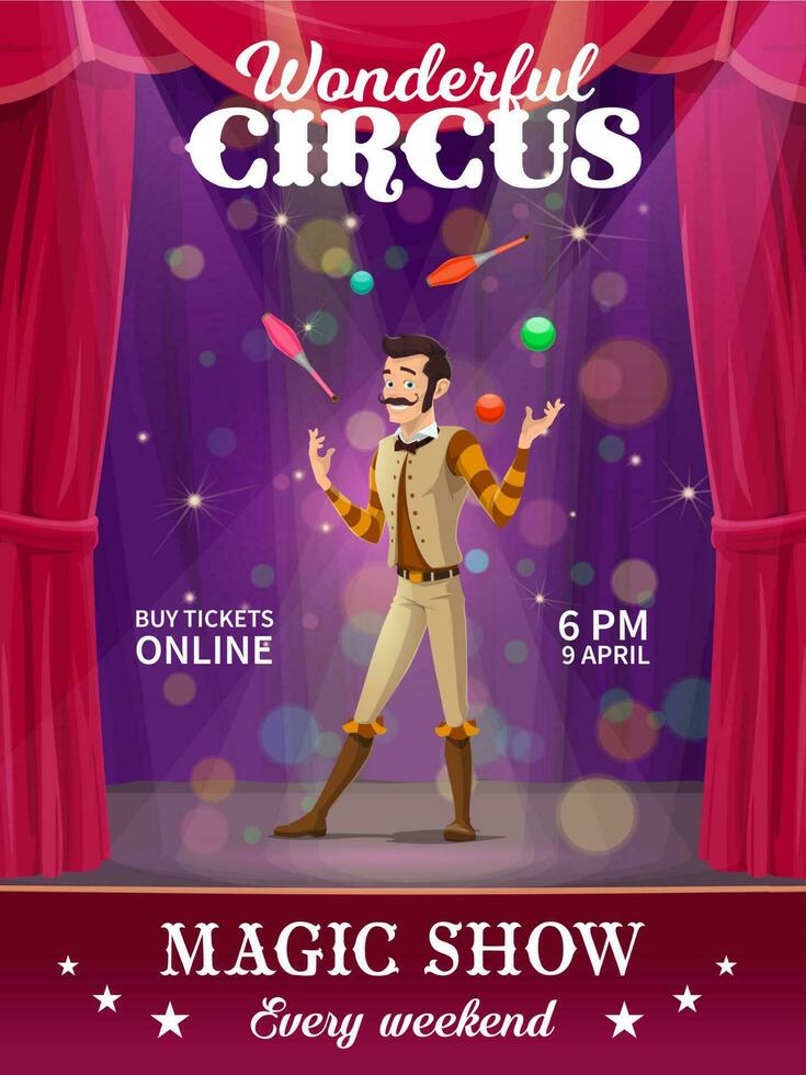 Shapito circus poster, cartoon juggler character vector