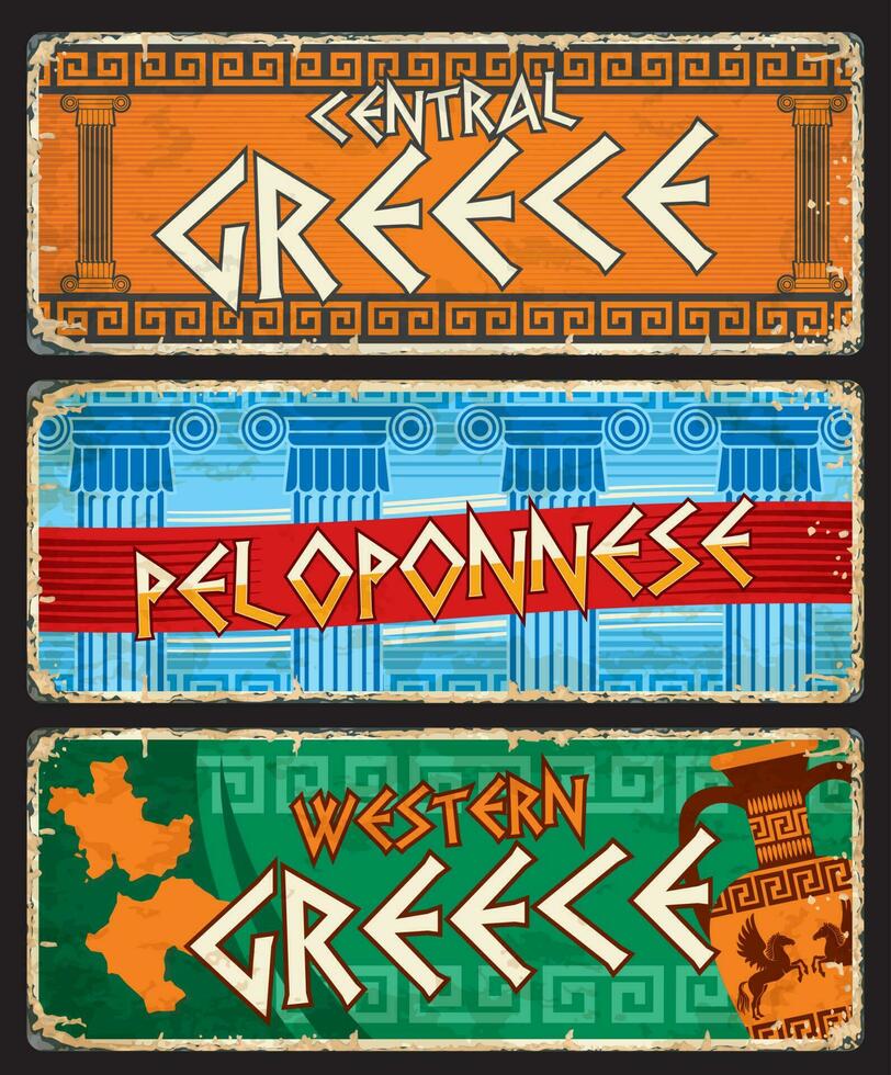Greek regions plates, tin signs or travel stickers vector