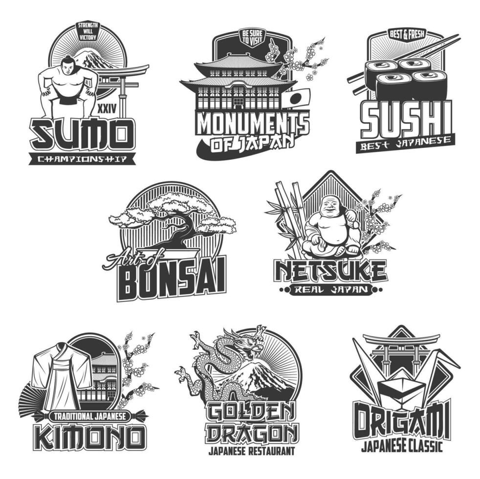 Japan travel japanese culture vector icons set