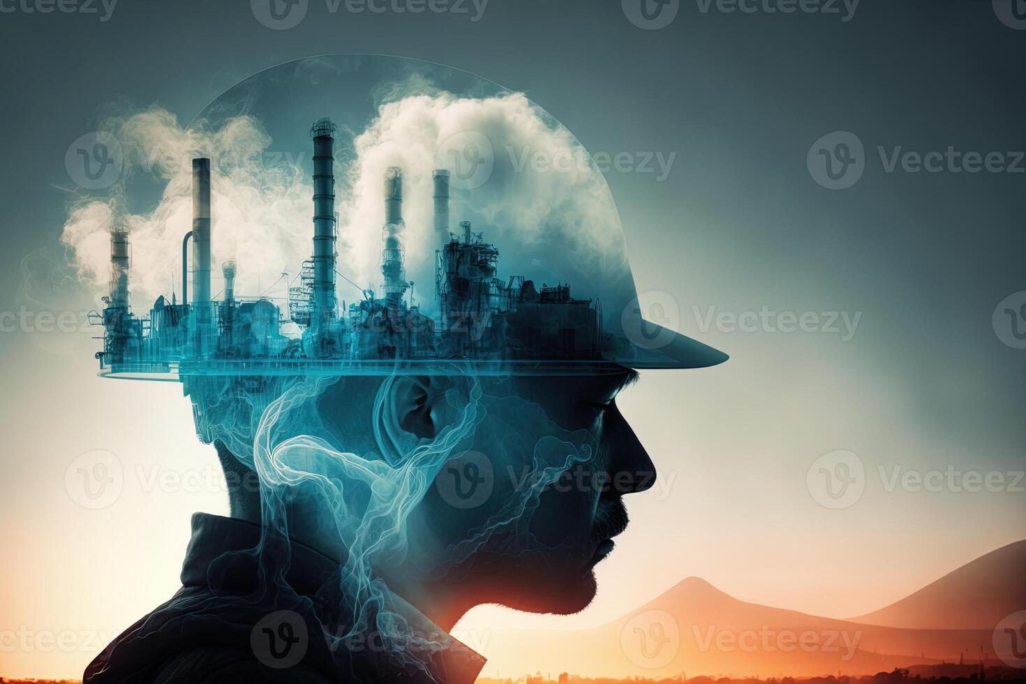 Conceptual graphic design of an energy sector and future manufacturing. With double exposure artwork, an oil, gas, and petrochemical refinery facility demonstrates the future of power. photo
