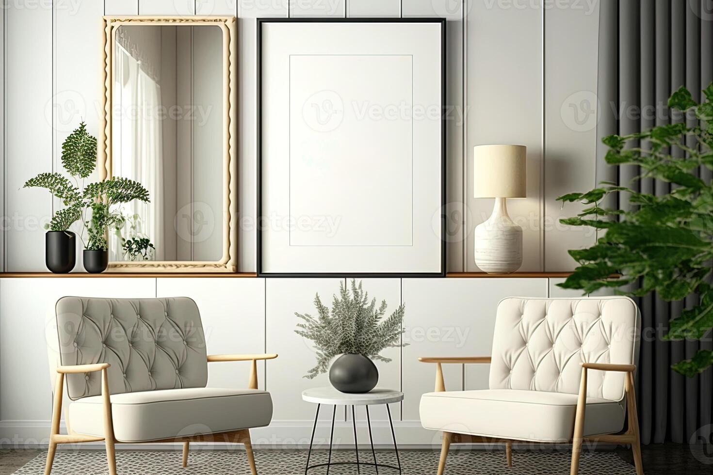 Two Vertical Blank Picture Frame Mockup on The Wall, Mid Century Living Room - . Blank picture frame mockup on wall in modern interior. Artwork template mock up in interior design. photo
