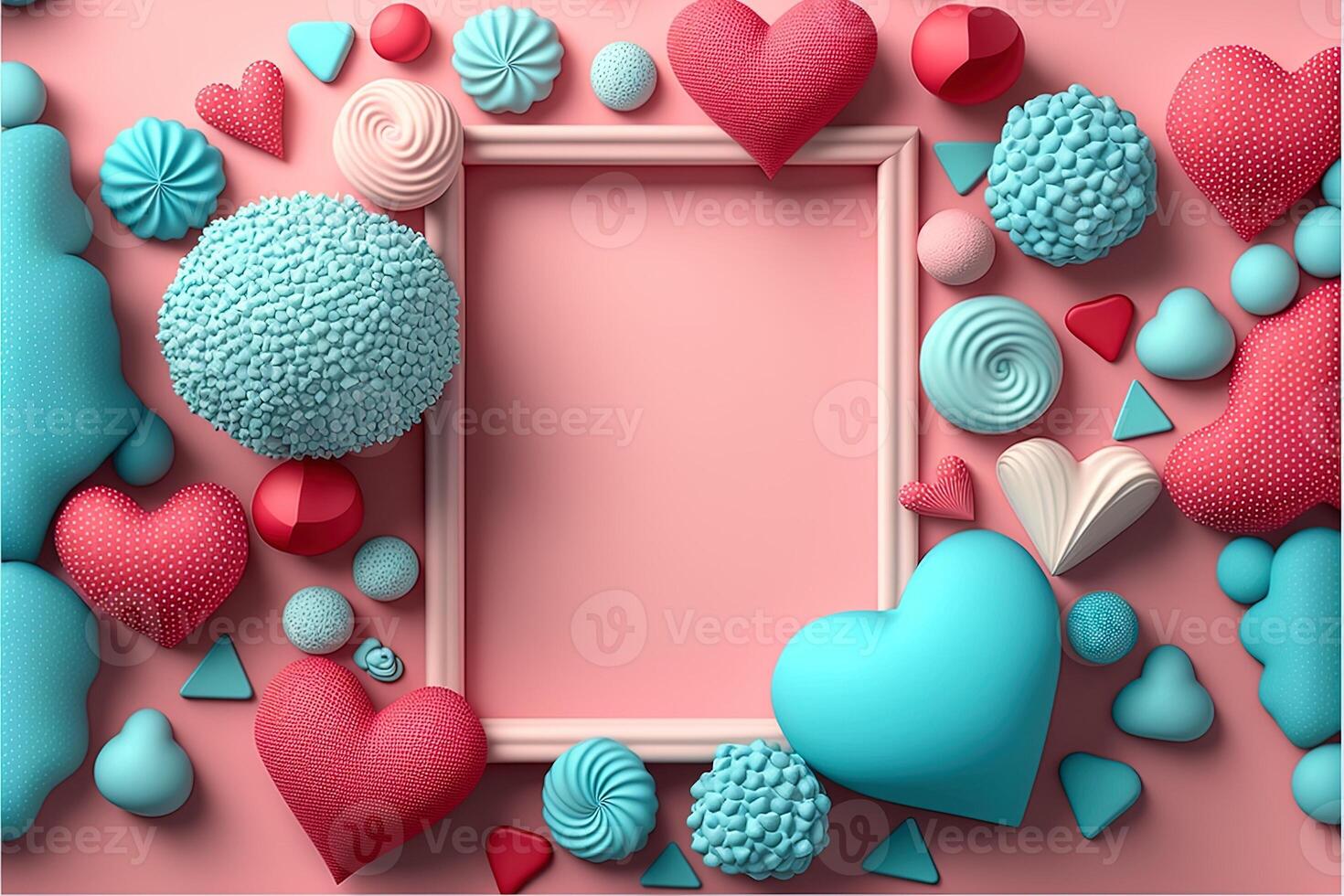Valentine frame and banner. Red, blue, cyan, pink decoration. flat lay, romantic. Love and valentine day concept. photo