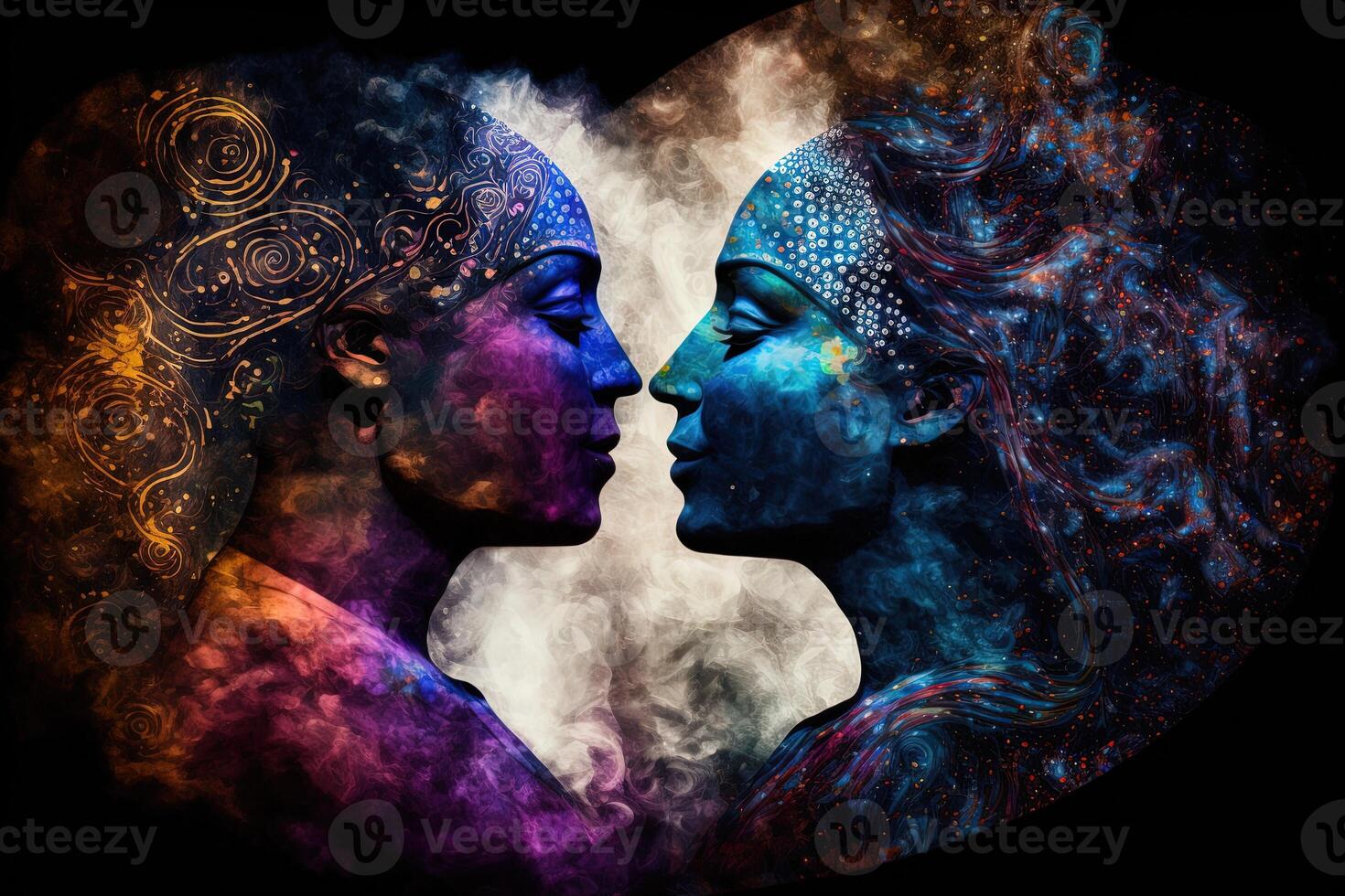 Radha krishna in love medium shot photography portrait of cosmic galactic . symbol of Devine Love. Art Print For Home Decor hindu couple on abstract decorative background photo