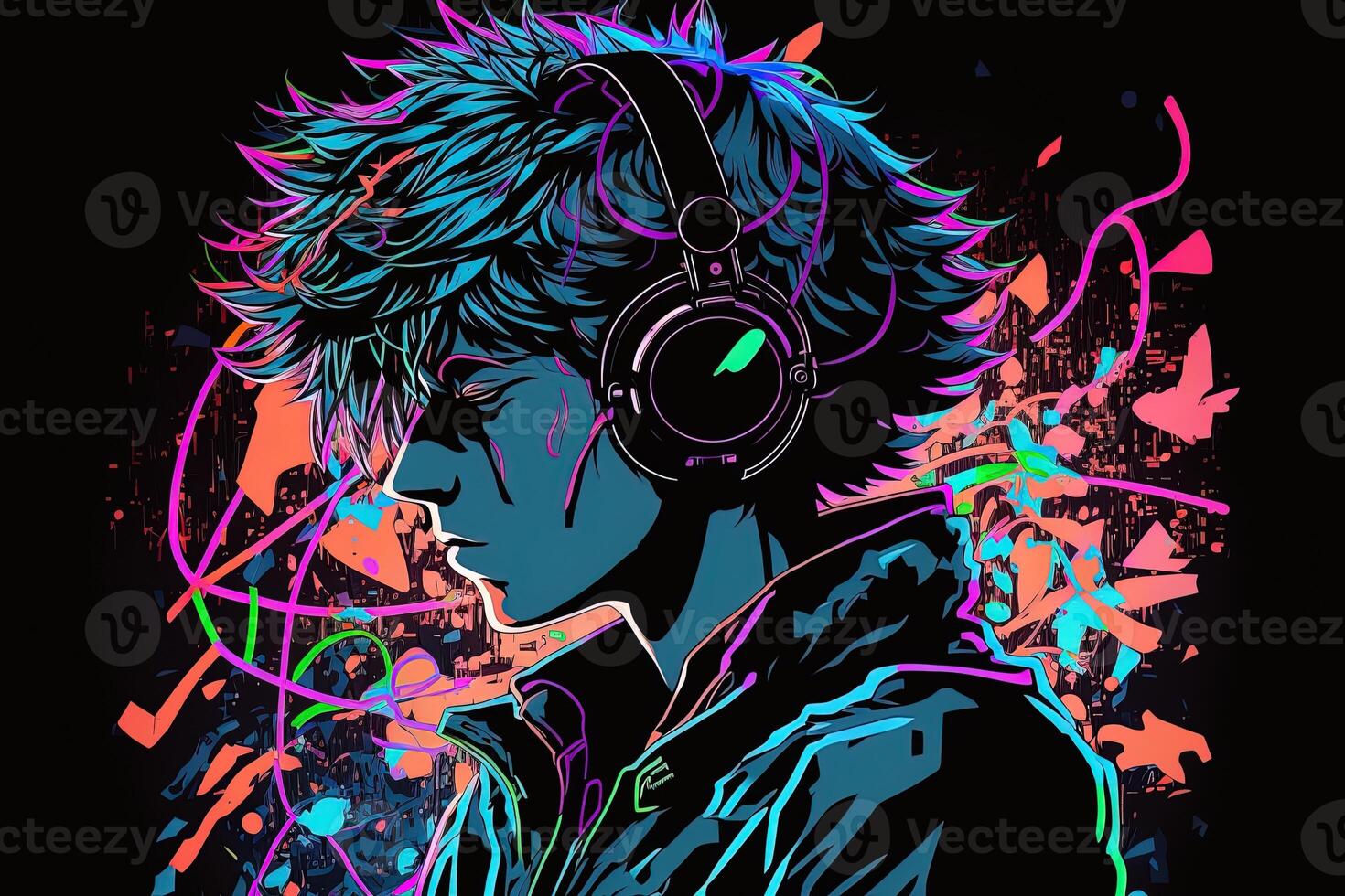 an neon gamer anime fashion boy or man wearing headphones, lost in his music. abstract background that evokes the feeling of different genres of music. banner music concept photo