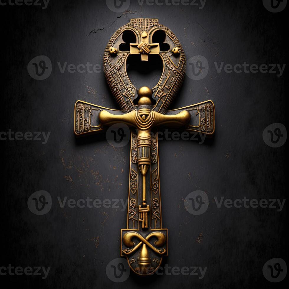 Ancient golden ankh symbol isolated on dark background. Illustration of an Egyptian cross in digital form. The ancient Egyptians used the Ankh as a symbol for eternal life. photo