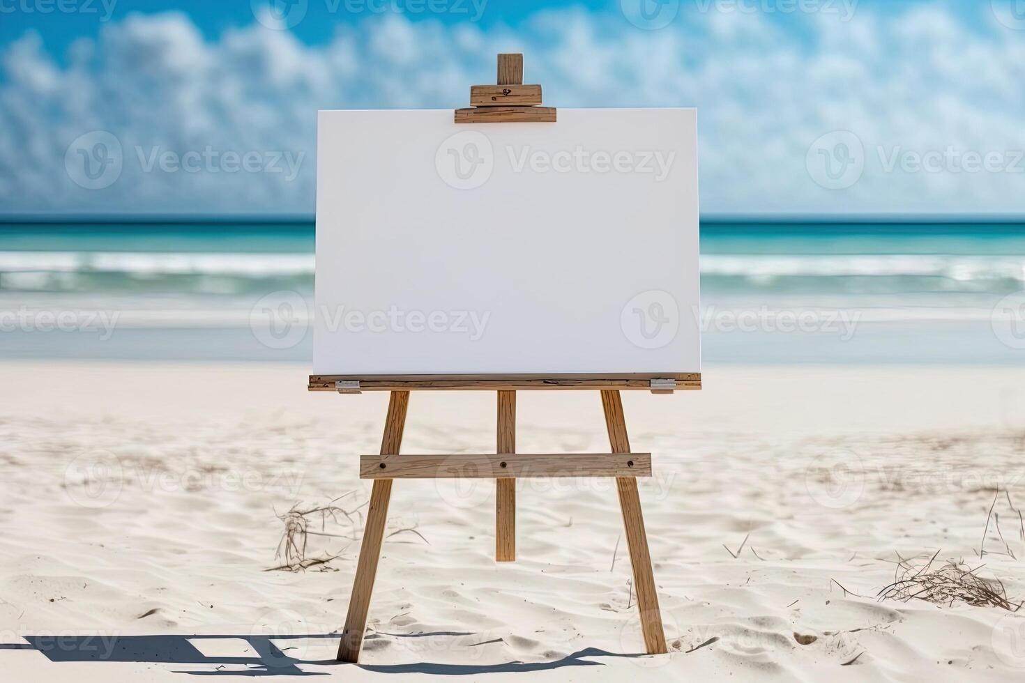 White blank artist frame on a small wooden easel on summer sea beach background with copy space. Advertising mockup artboard for pictures or artwork. Painting frame template banner. photo