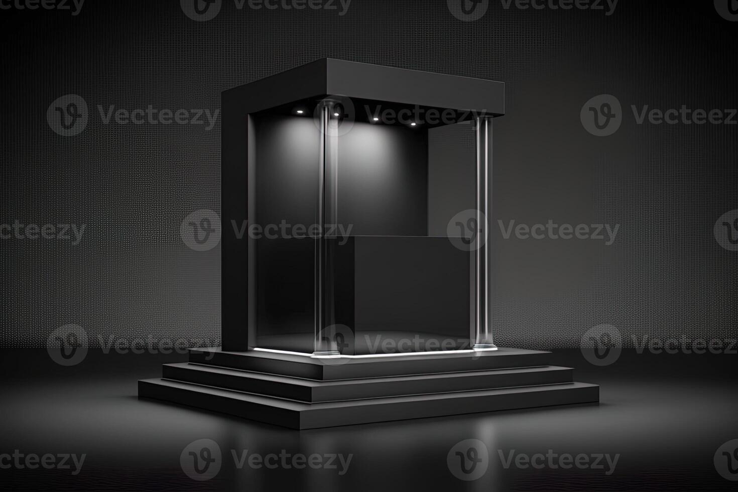 black background and product podium stand studio. Elegant black cube stand for product placement mockup. Minimal box platform showroom with spot light. photo