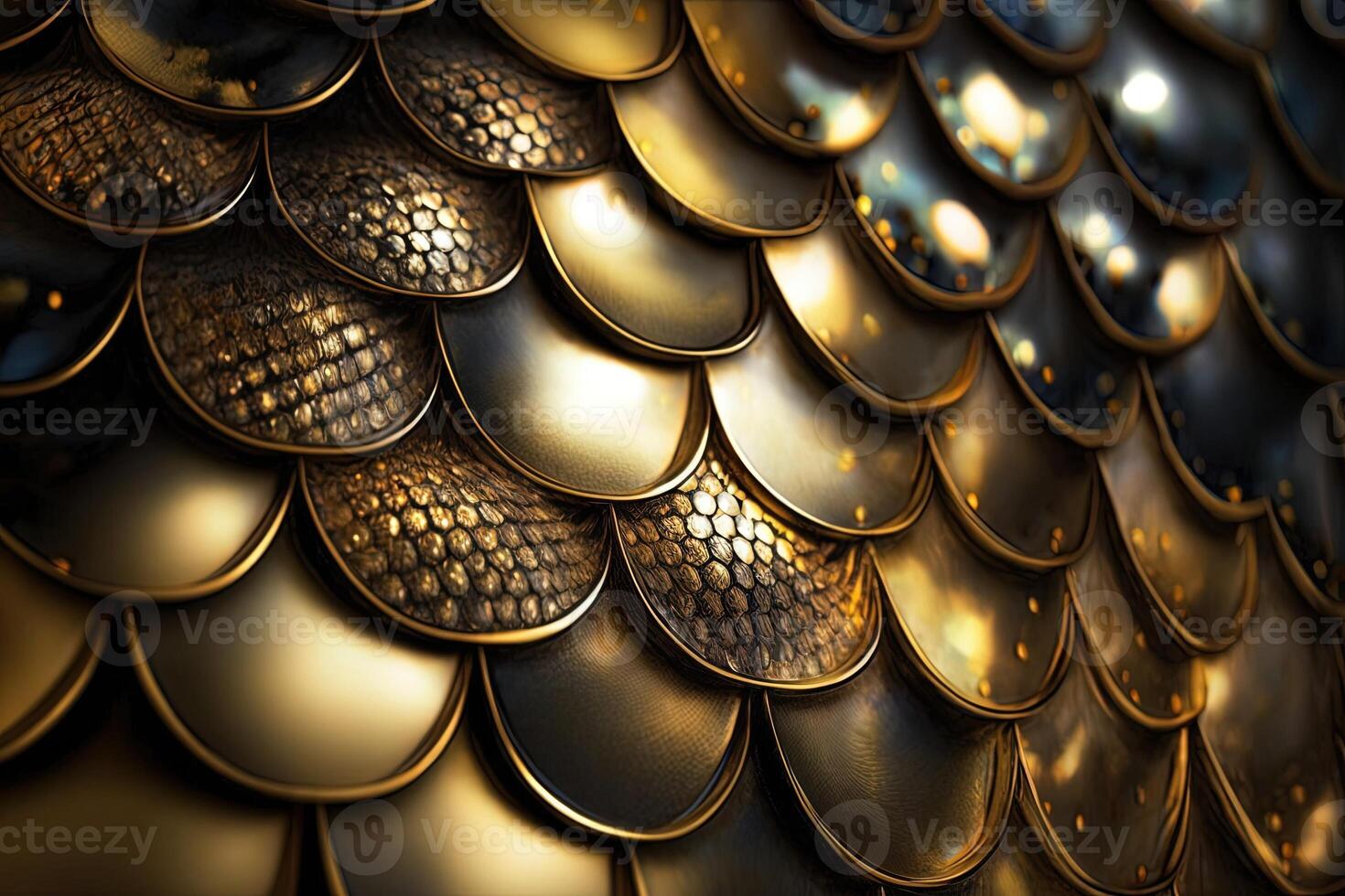 Dragon scales background - gold shining shells . Simple background made of dragon scale armor illustration . photo