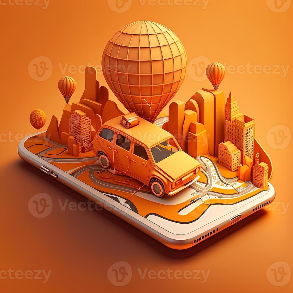 Online mobile application taxi ordering service orange taxi car driving along the route to the marker on a smart phone, on a city map. Car and satellite navigation systems concept. photo