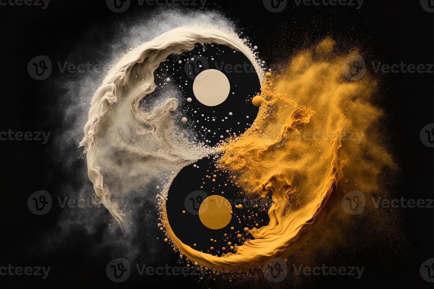 dorado y negro yin yang símbolo con flotante polvo en negro antecedentes. abstracción, budismo, hinduismo, símbolo, religión, equilibrar concepto. generativo ai foto