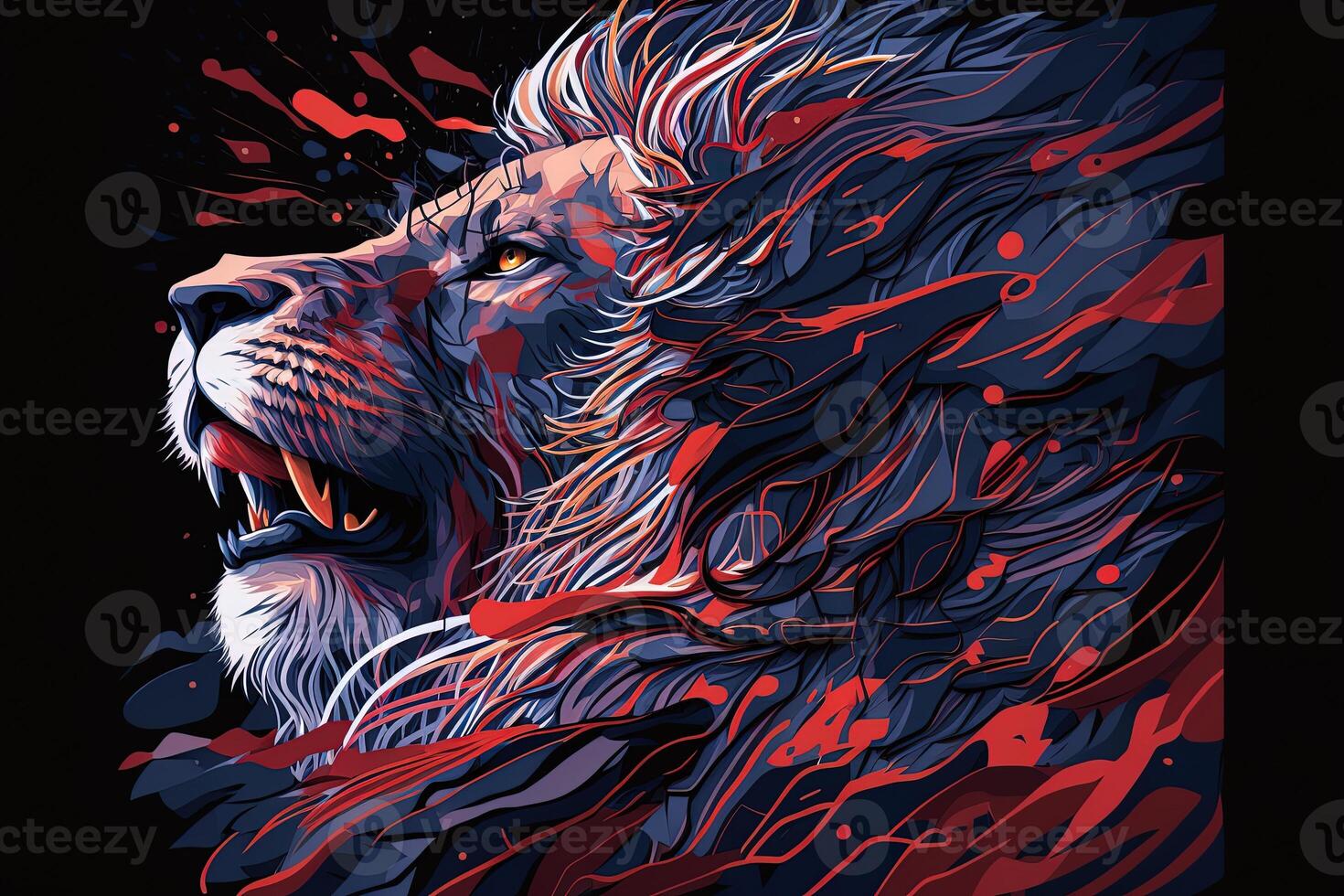 Poster of Lion roaring, Abstract poster of a dangerous and powerful roaring male lion. . Creative fire flames art paint coming from the mad king of the jungle. photo