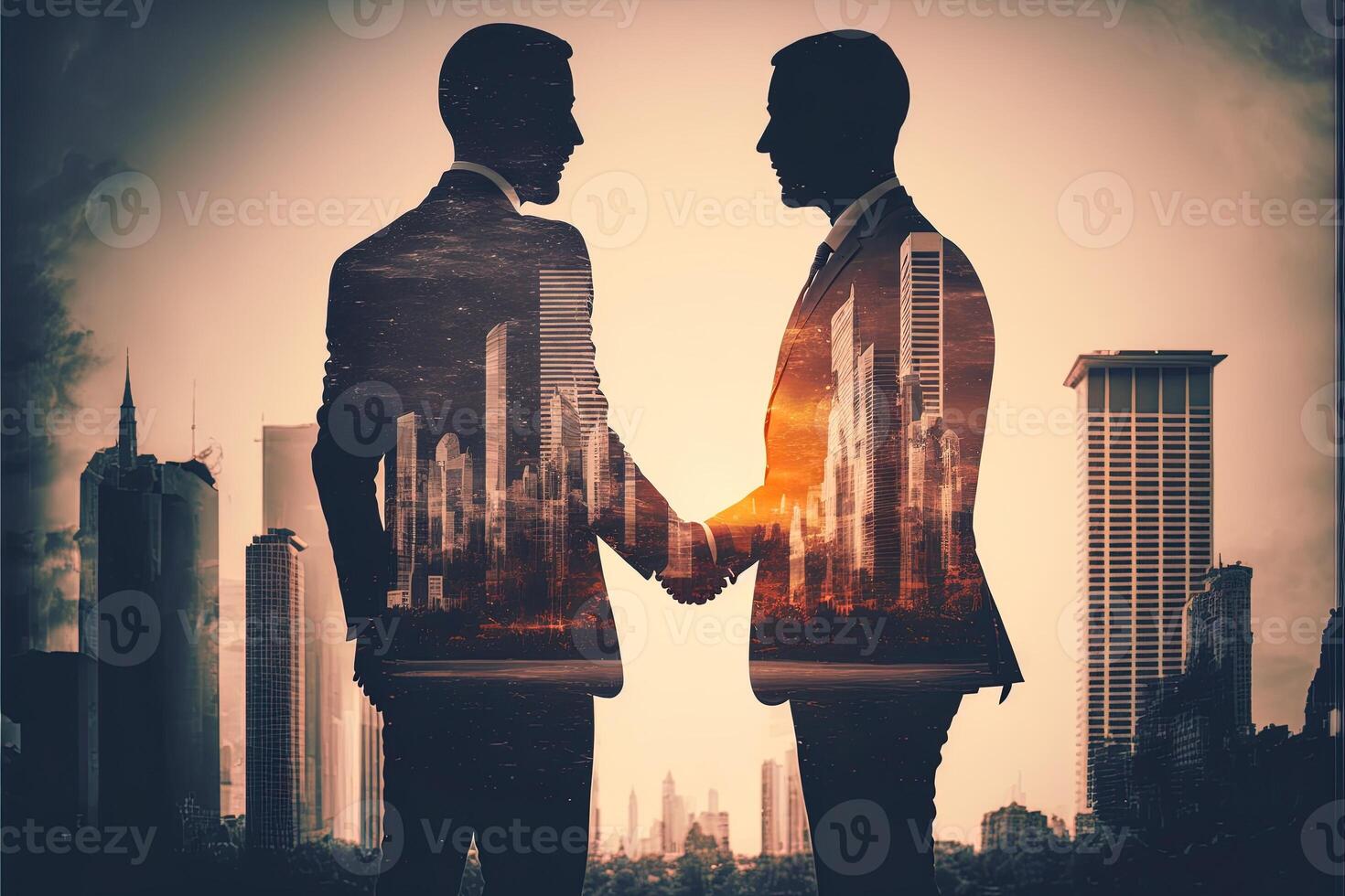 The double exposure image of two business man shaking hand with cityscape image. The concept of modern life, business, city life and internet of things. photo