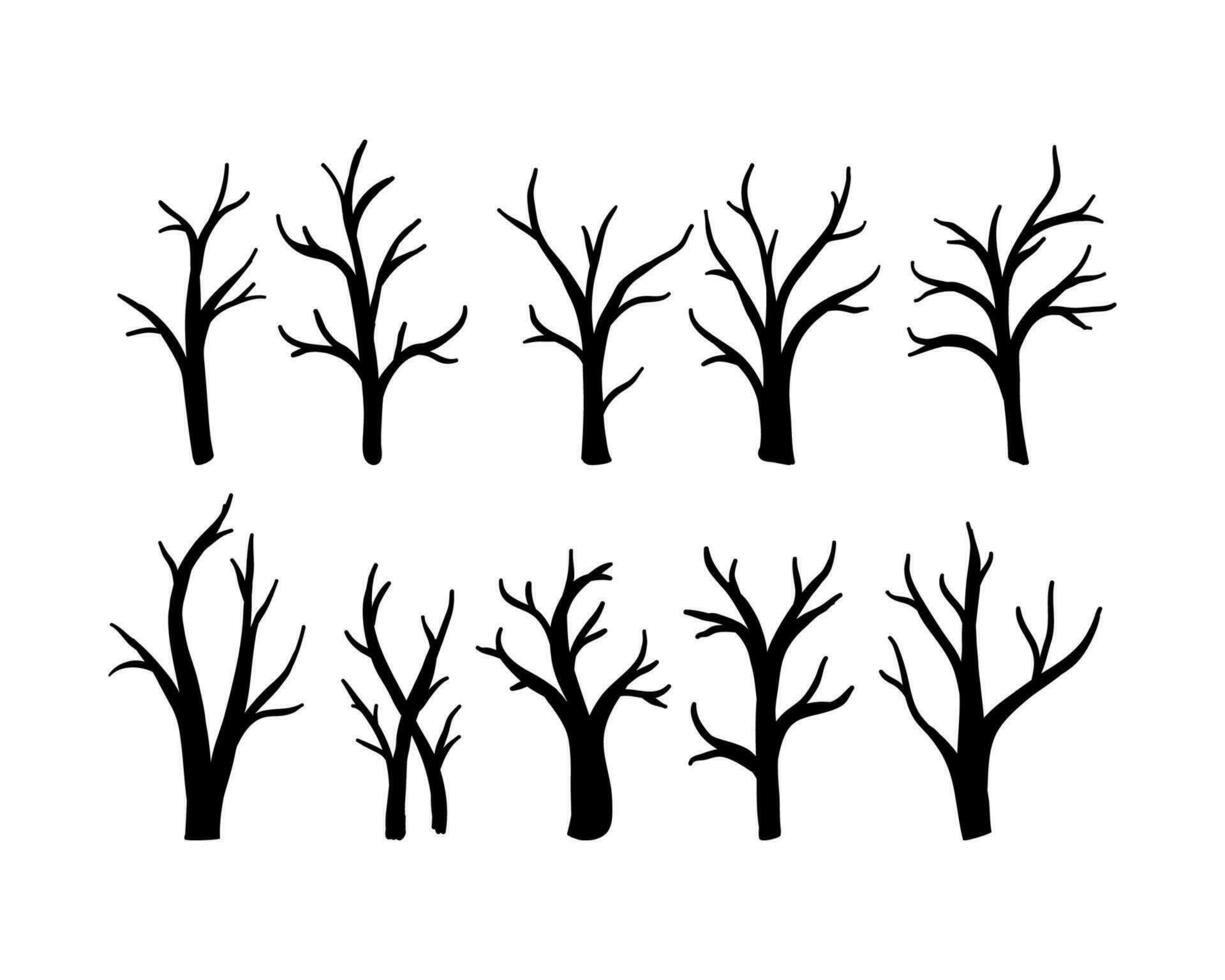 Bare tree silhouettes set. Leafless tree vector. vector