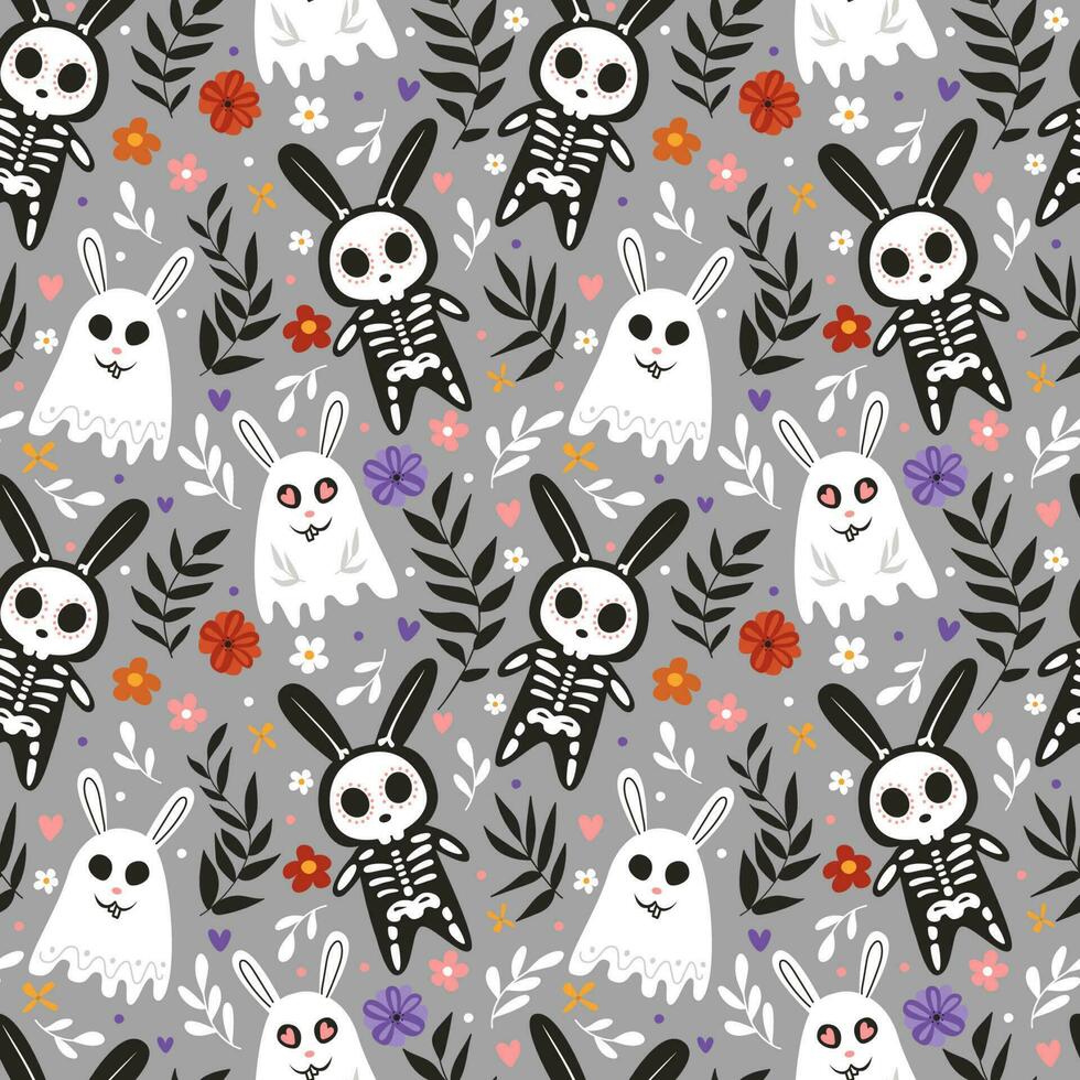 Skeleton hares, ghost hares. Seamless pattern, vector illustration. halloween holiday