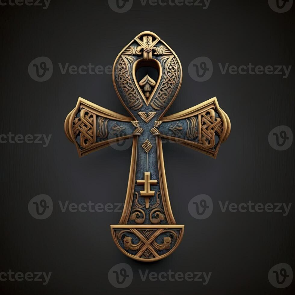 Ancient golden ankh symbol isolated on dark background. Illustration of an Egyptian cross in digital form. The ancient Egyptians used the Ankh as a symbol for eternal life. photo