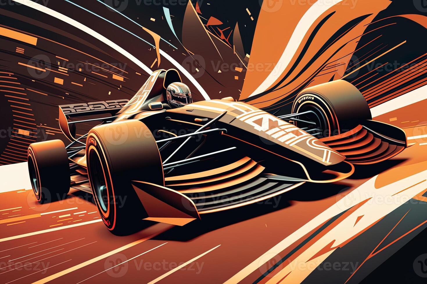 Futuristic racing formula at fast ride to finish. Post product digital illustration. Racing car in motion, Powerful acceleration of a car on a night track with colorful lights and trails photo