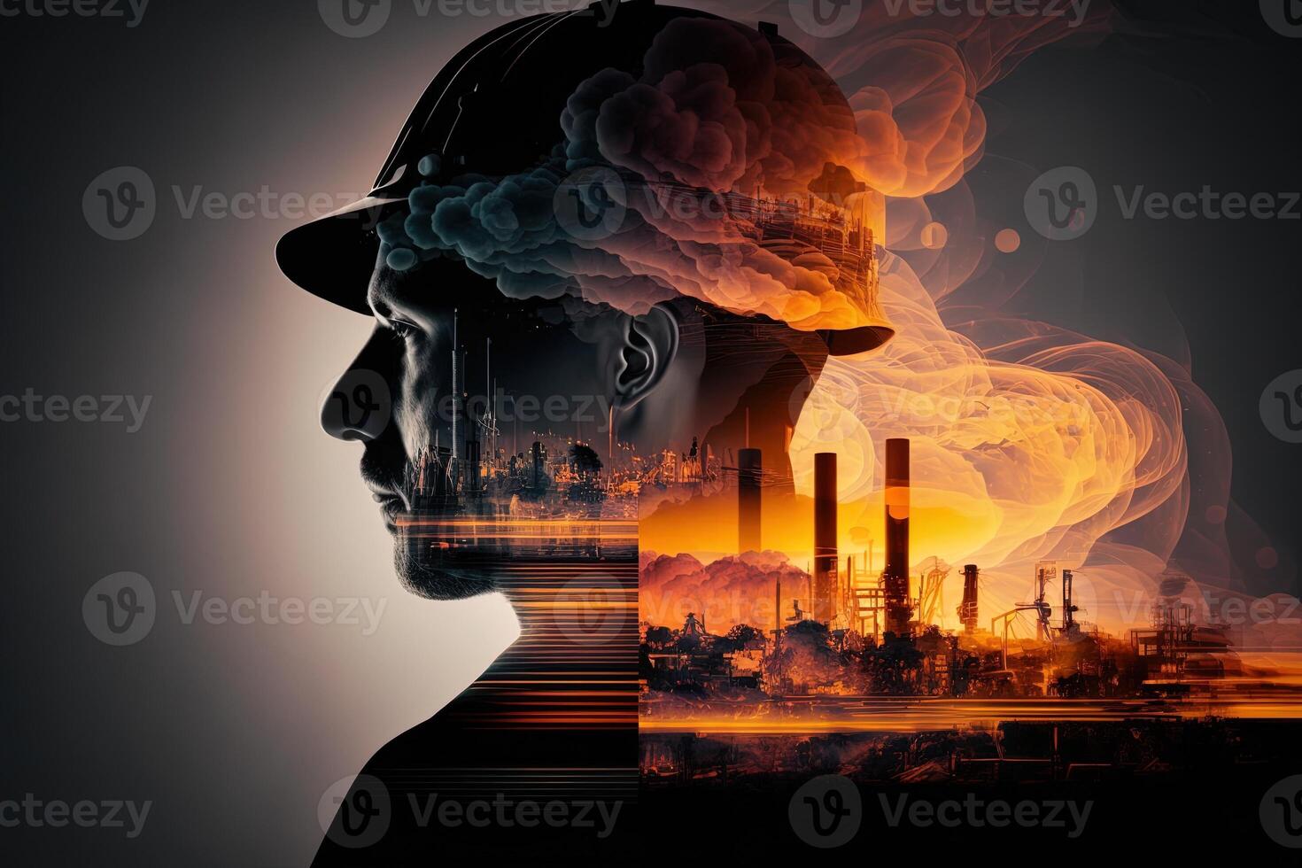 Conceptual graphic design of an energy sector and future manufacturing. With double exposure artwork, an oil, gas, and petrochemical refinery facility demonstrates the future of power. photo