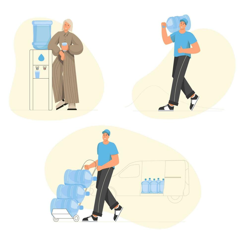 Water delivery service of fresh purified water. Woman drinking Fresh Water From Cooler. Young man brings a bottle of mineral water. vector