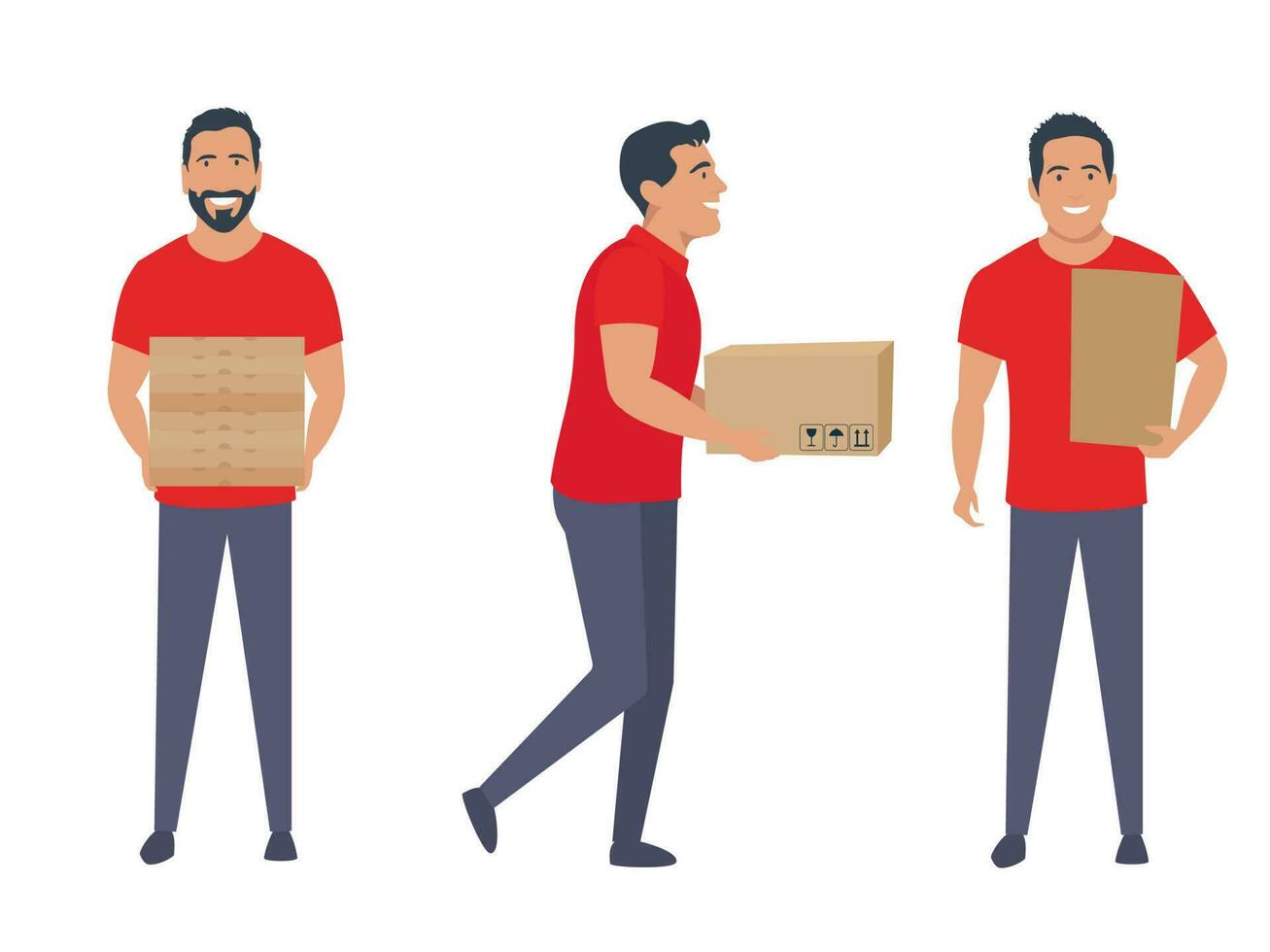 conjunto de entrega hombre. el mensajero entrega el caja y Pizza. vector ilustración.